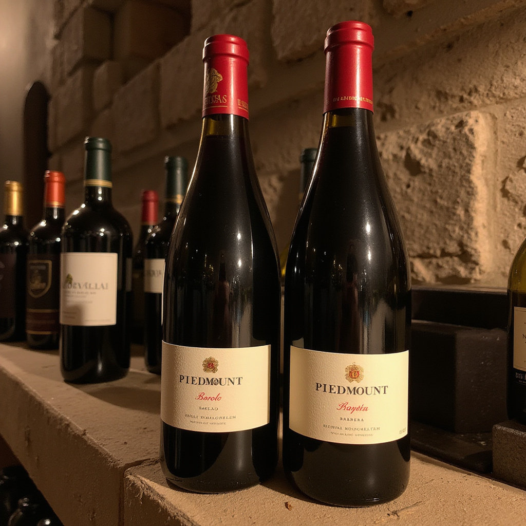 Butelki wina Piemontu ustawione w piwnicy, wśród nich Barolo i Barbera