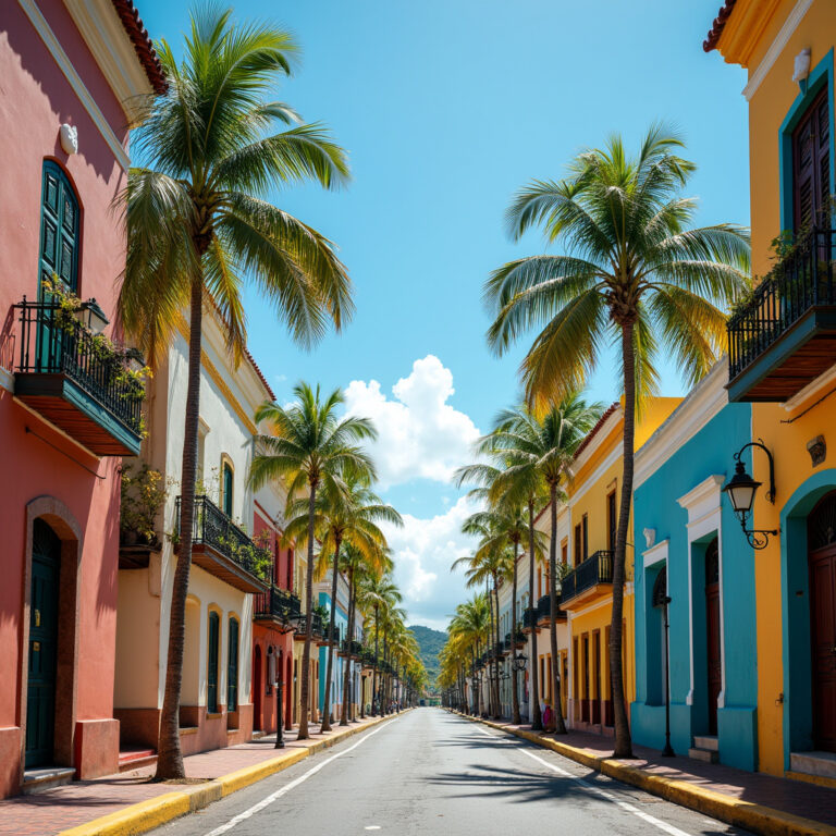 Ulica w Puerto Plata z kolonialnymi budynkami i palmami
