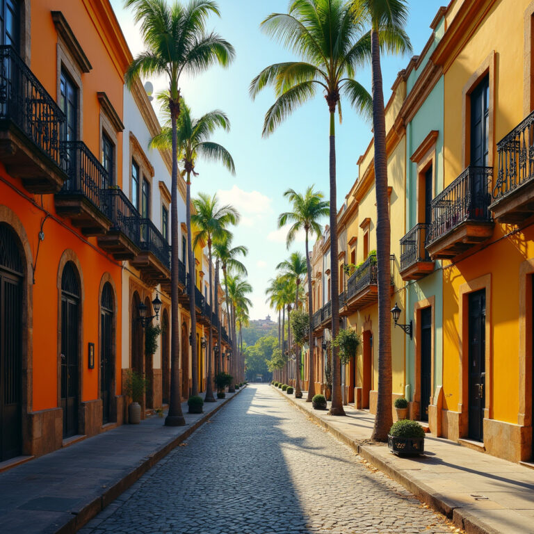 Ulica w Santo Domingo z kolonialnymi budynkami i palmami