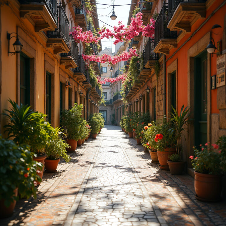 Kolorowa ulica w Trianie z tradycyjnymi ceramicznymi kafelkami i kwiatami
