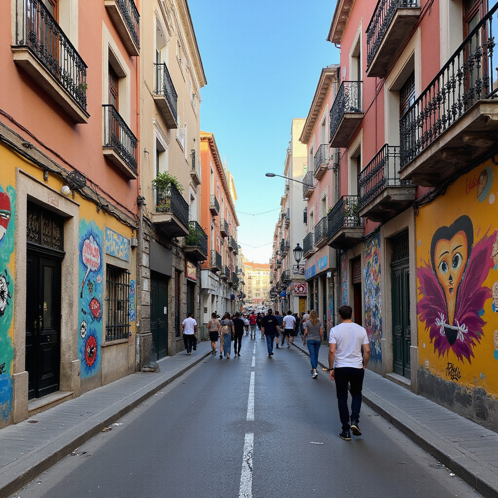 Ulica w Madrycie z kolorowymi muralami, sztuka uliczna i lokalne życie