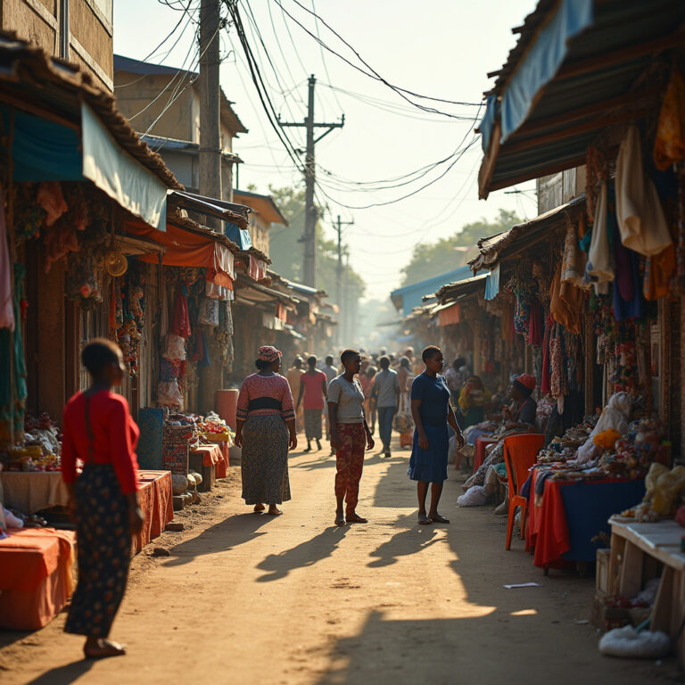 Ulica w Mombasie z kolorowymi straganami i lokalnymi mieszkańcami