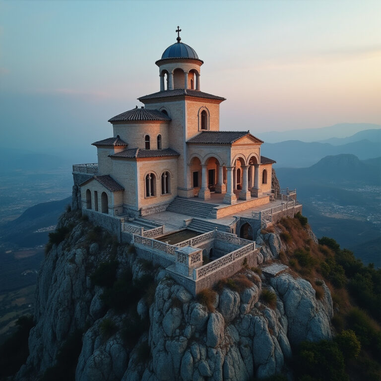 Kościół Proroka Eliasza na szczycie góry z panoramą w tle, architektura sakralna, Grecja