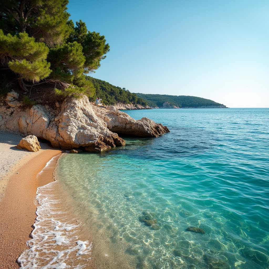 Plaża w Rovinj latem z turkusową wodą i kamienistym wybrzeżem