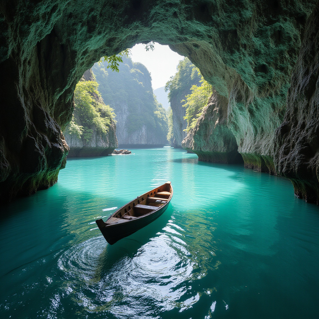 Łódź długorufowa płynąca w kierunku Emerald Cave, otoczona turkusową wodą