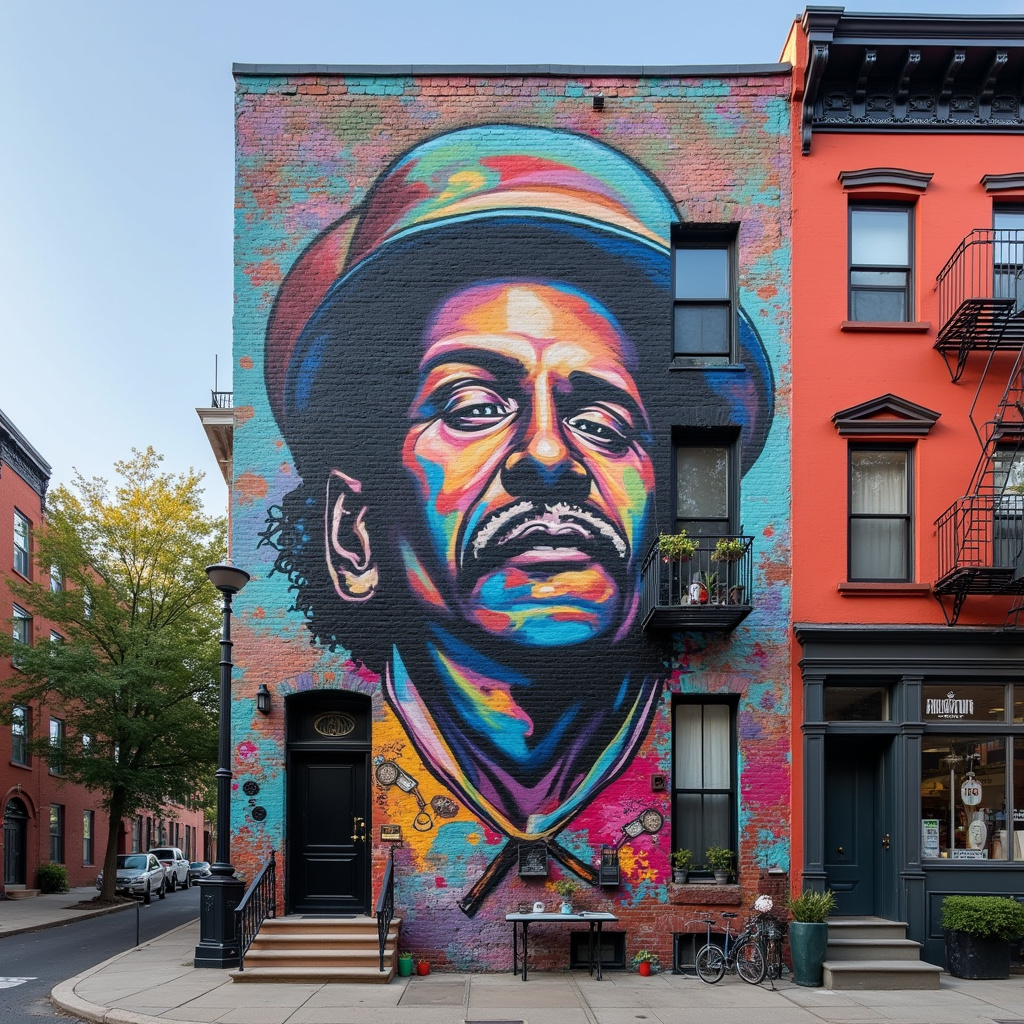 Kolorowy mural na ścianie kamienicy w Łodzi, przedstawiający postać z historii miasta