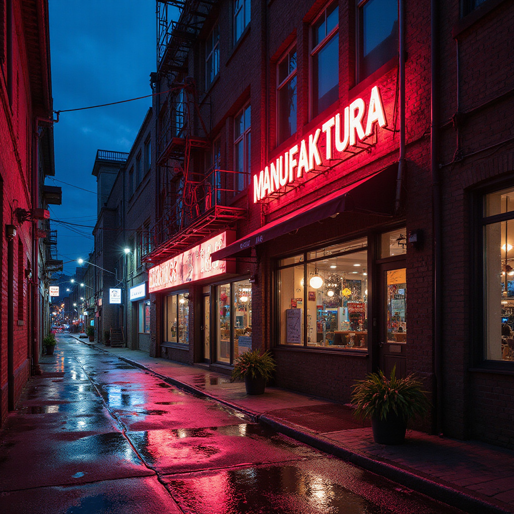 Manufaktura nocą - industrialna architektura oświetlona neontami w Łodzi