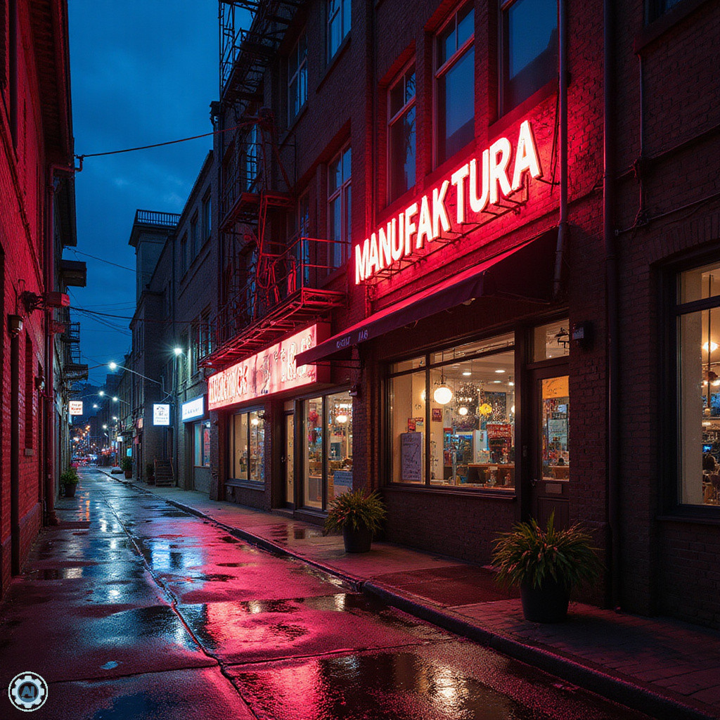 Manufaktura nocą - industrialna architektura oświetlona neontami w Łodzi