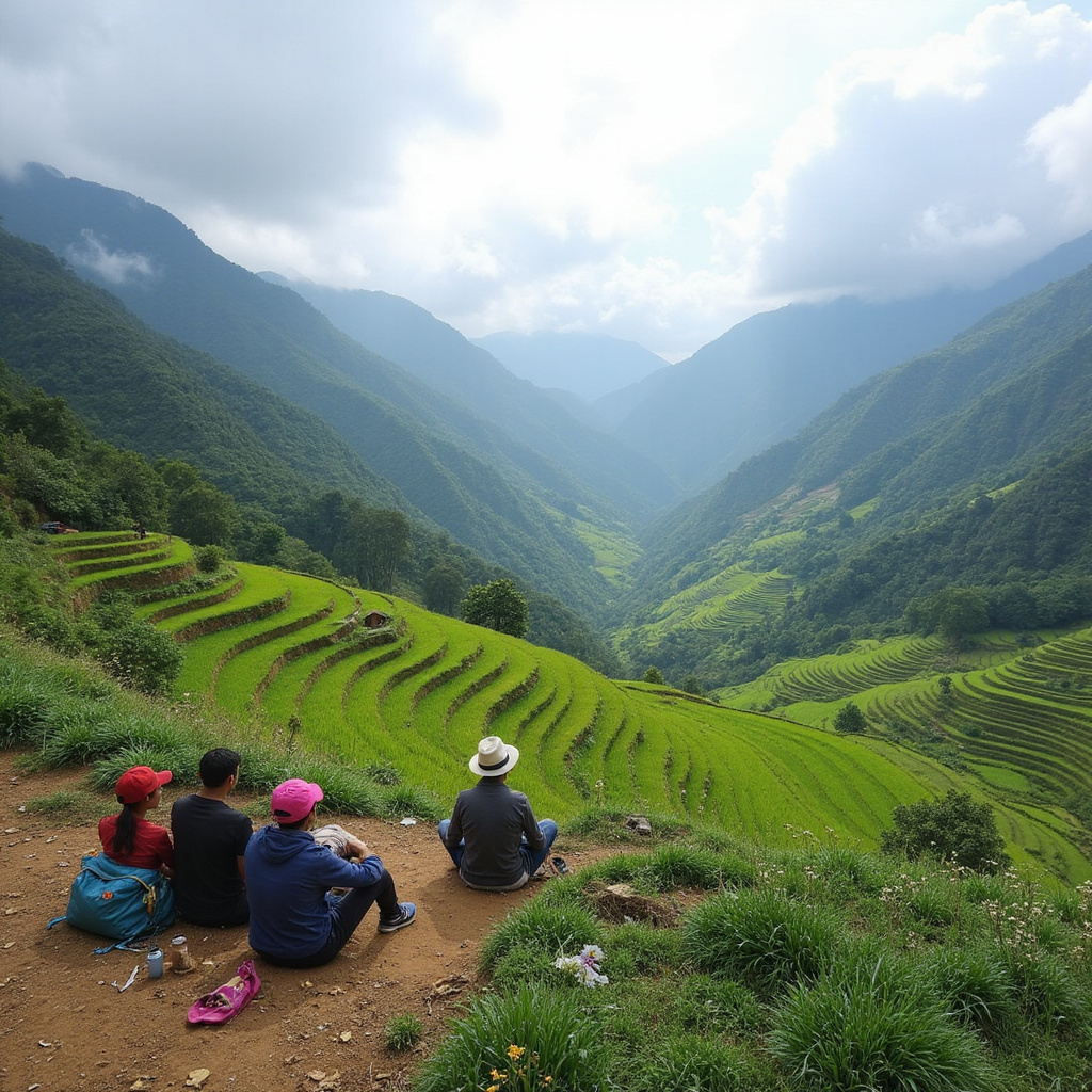 Turyści odpoczywający na szlaku w okolicach Sapa z widokiem na tarasy ryżowe