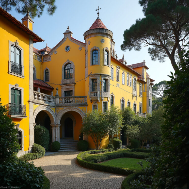 Pałac Królów Manuelińskich w Sintrze otoczony zielenią i historycznymi budynkami