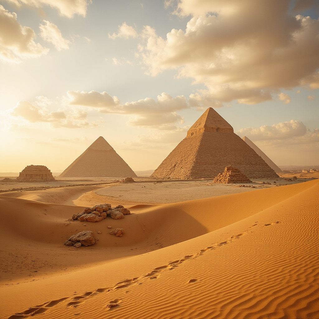 Widok na piramidy w Gizie z pustyni, starożytne zabytki Egiptu