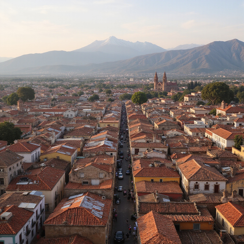 Panorama San Miguel de Allende z Mirador, kolonialne dachy i góry w tle