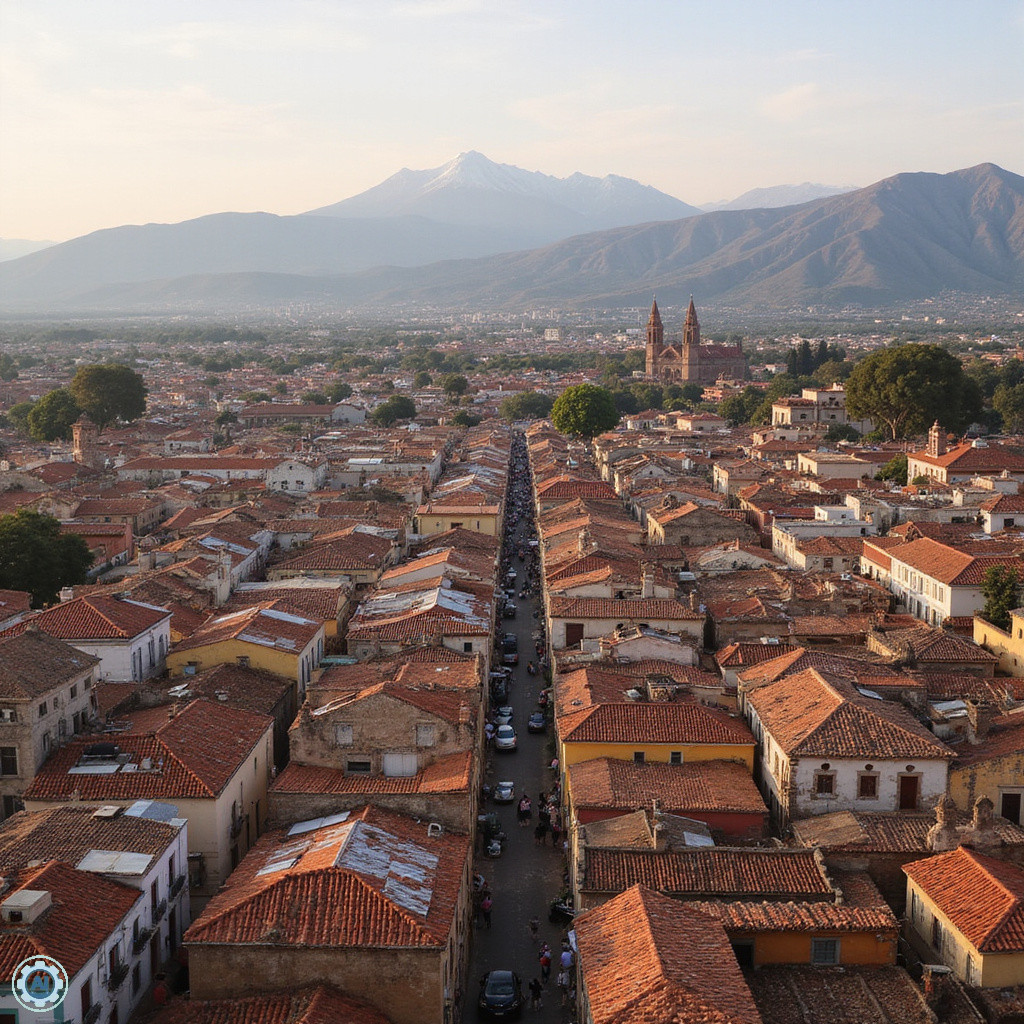 Panorama San Miguel de Allende z Mirador, kolonialne dachy i góry w tle