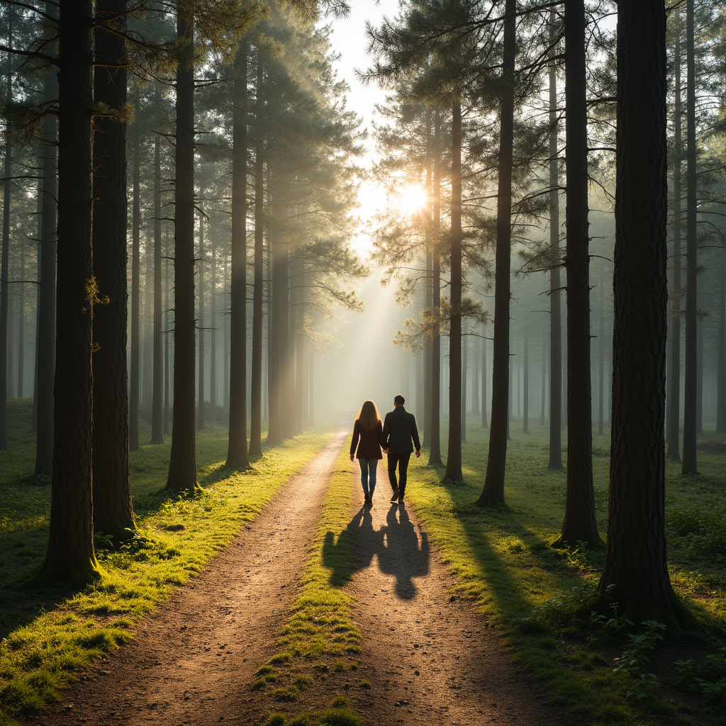 Spacerująca para w parku leśnym Dzintari, sosny i ścieżki