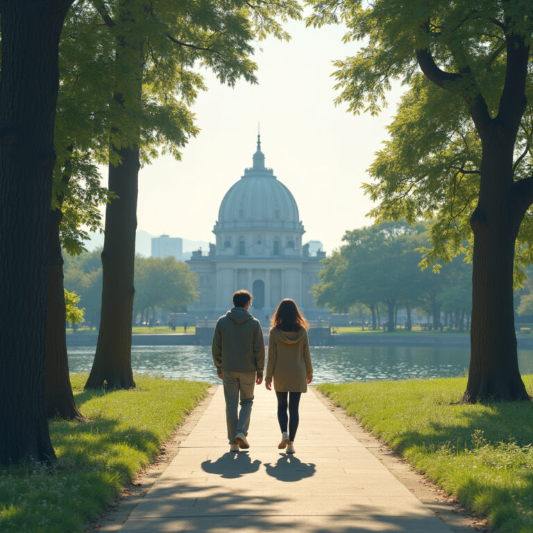 Spacerująca para w Parku Pokoju w Hiroszimie z widokiem na Kopułę Bomby Atomowej, atrakcje Hiroshima