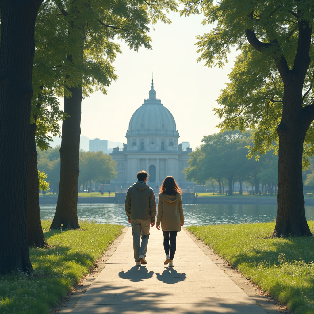 Spacerująca para w Parku Pokoju w Hiroszimie z widokiem na Kopułę Bomby Atomowej, atrakcje Hiroshima