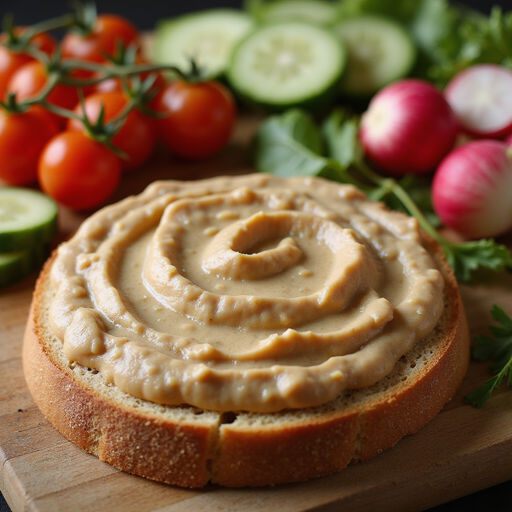 Pasta bigilla z bobu podawana z chlebem i warzywami