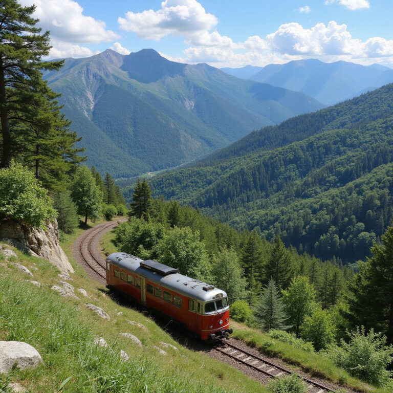 Pelion kolejka wąskotorowa na tle górskiego krajobrazu, zielone wzgórza i lasy