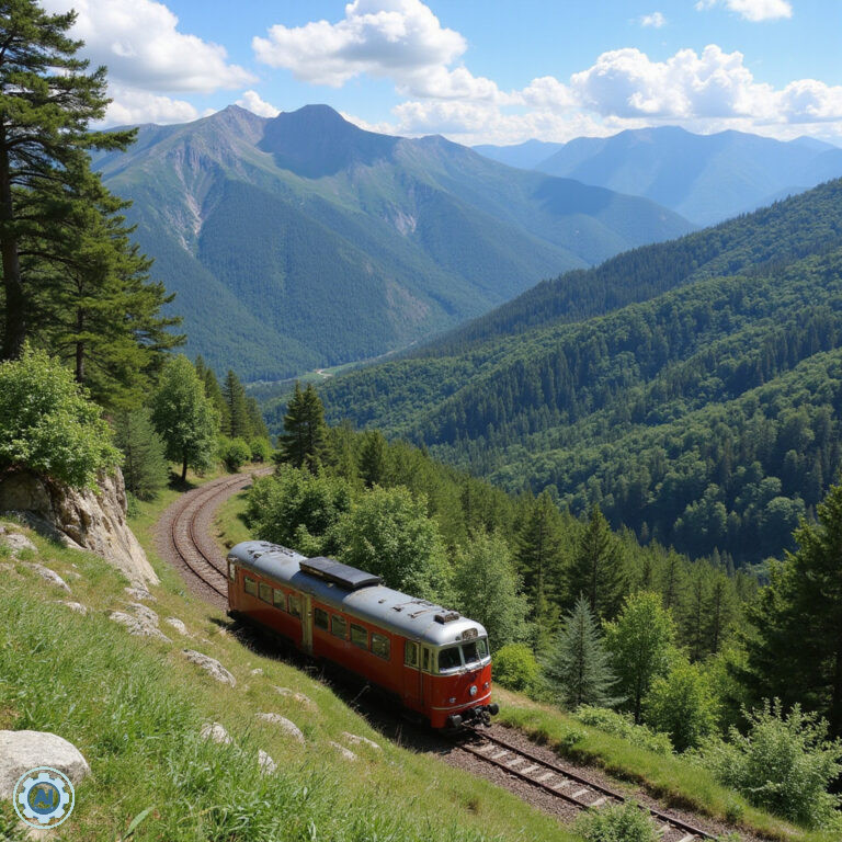 Pelion kolejka wąskotorowa na tle górskiego krajobrazu, zielone wzgórza i lasy