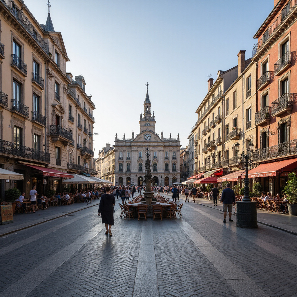 Plac w Madrycie z widokiem na historyczne budynki i kawiarnie