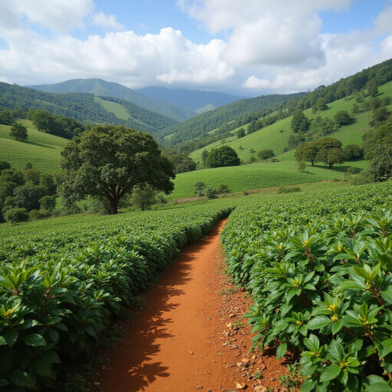 Plantacja kawy w Kenii otoczona zielonymi wzgórzami i wulkaniczną glebą