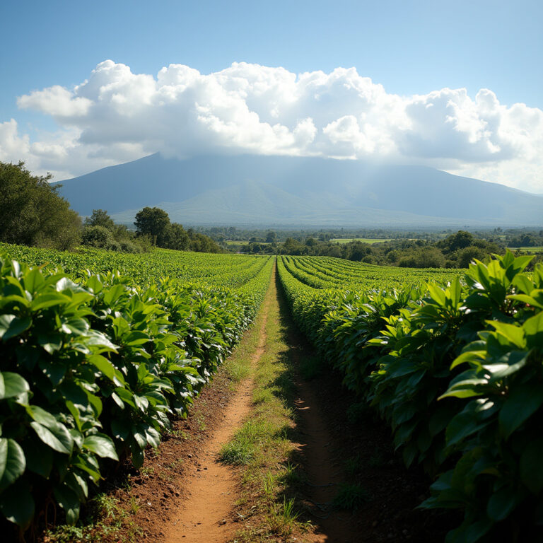 Plantacja kawy w Nanyuki z widokiem na górę Kenia, słoneczny dzień