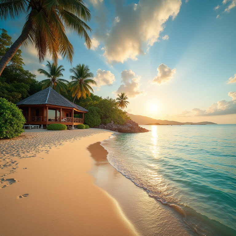 Plaża w Samaná z widokiem na resort i pensjonat w tle