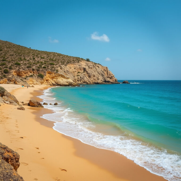 Złota plaża w Zatoce Konnos z turkusową wodą i skalistym wybrzeżem w tle