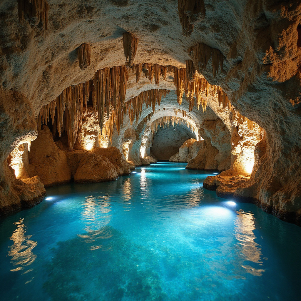 Podziemne rzeki w Parku Xcaret, krystaliczna woda i stalaktyty