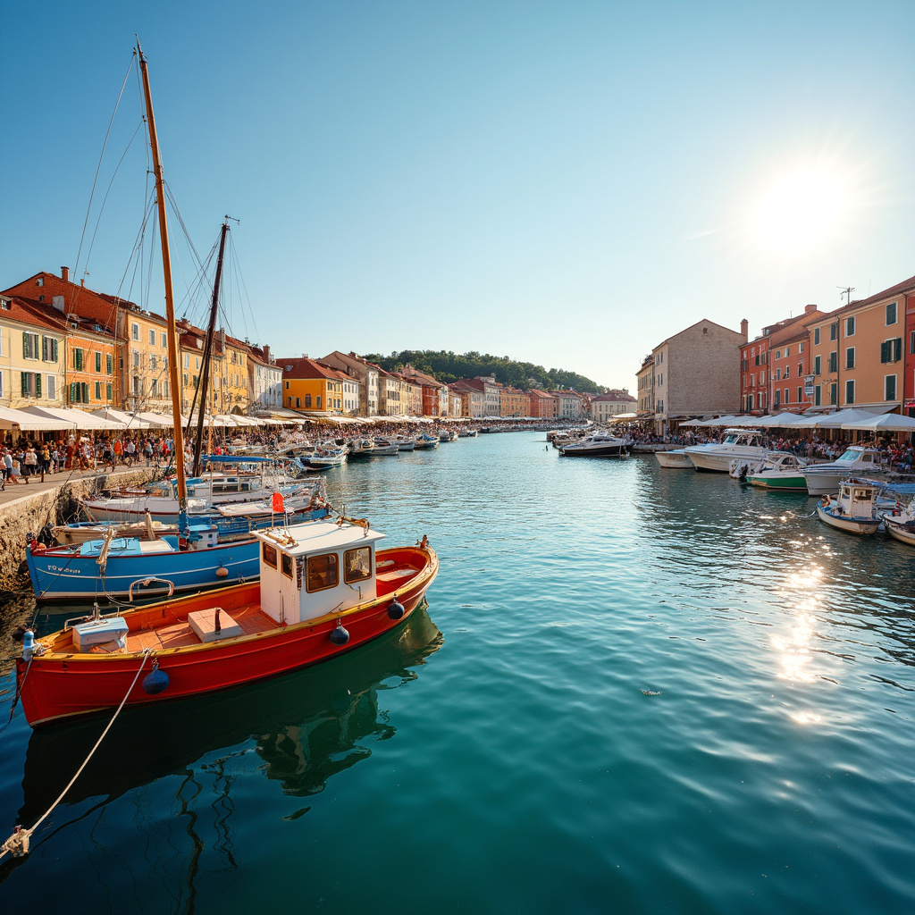 Port w Rovinj z kolorowymi łodziami i widokiem na Adriatyk