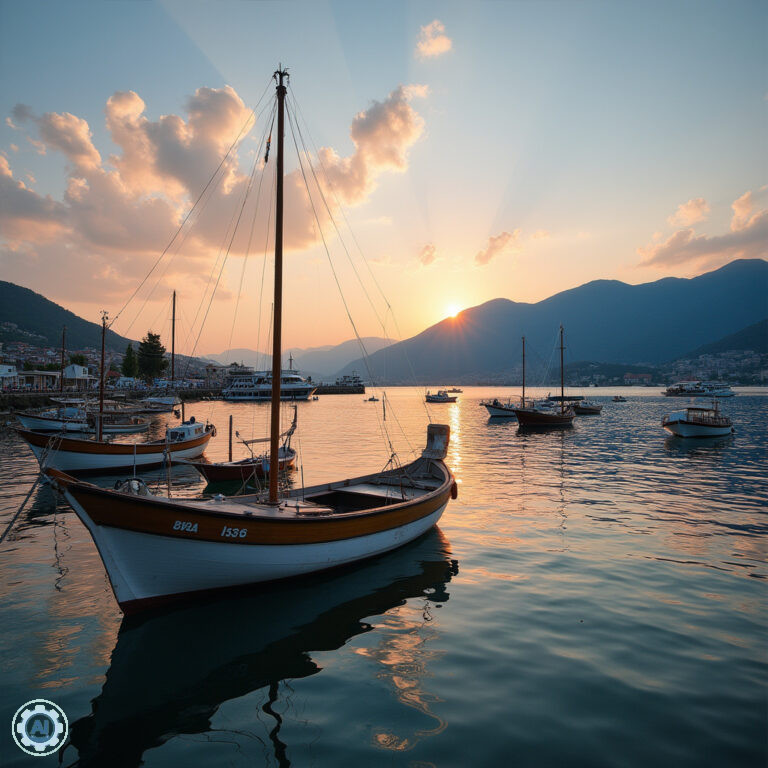 Widok na port w Volos z łodziami rybackimi i górami w tle