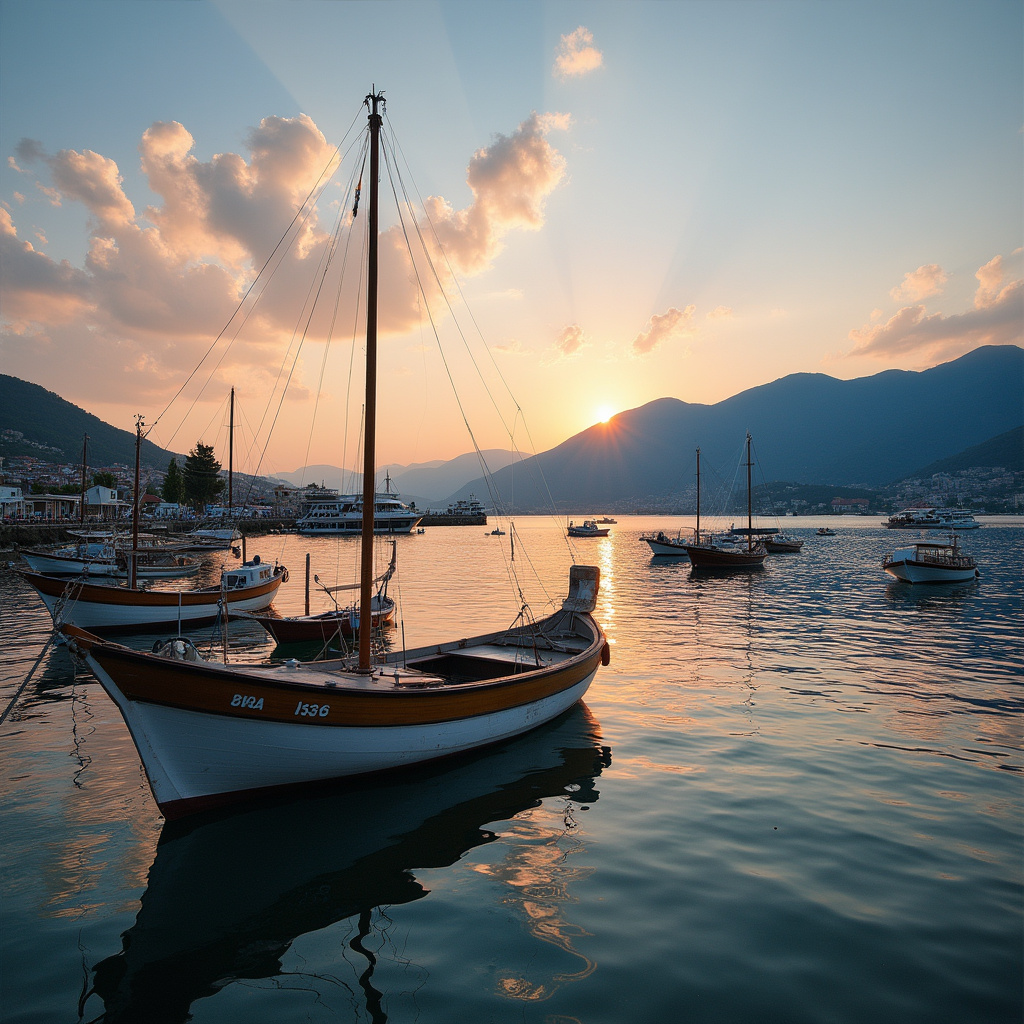 Widok na port w Volos z łodziami rybackimi i górami w tle