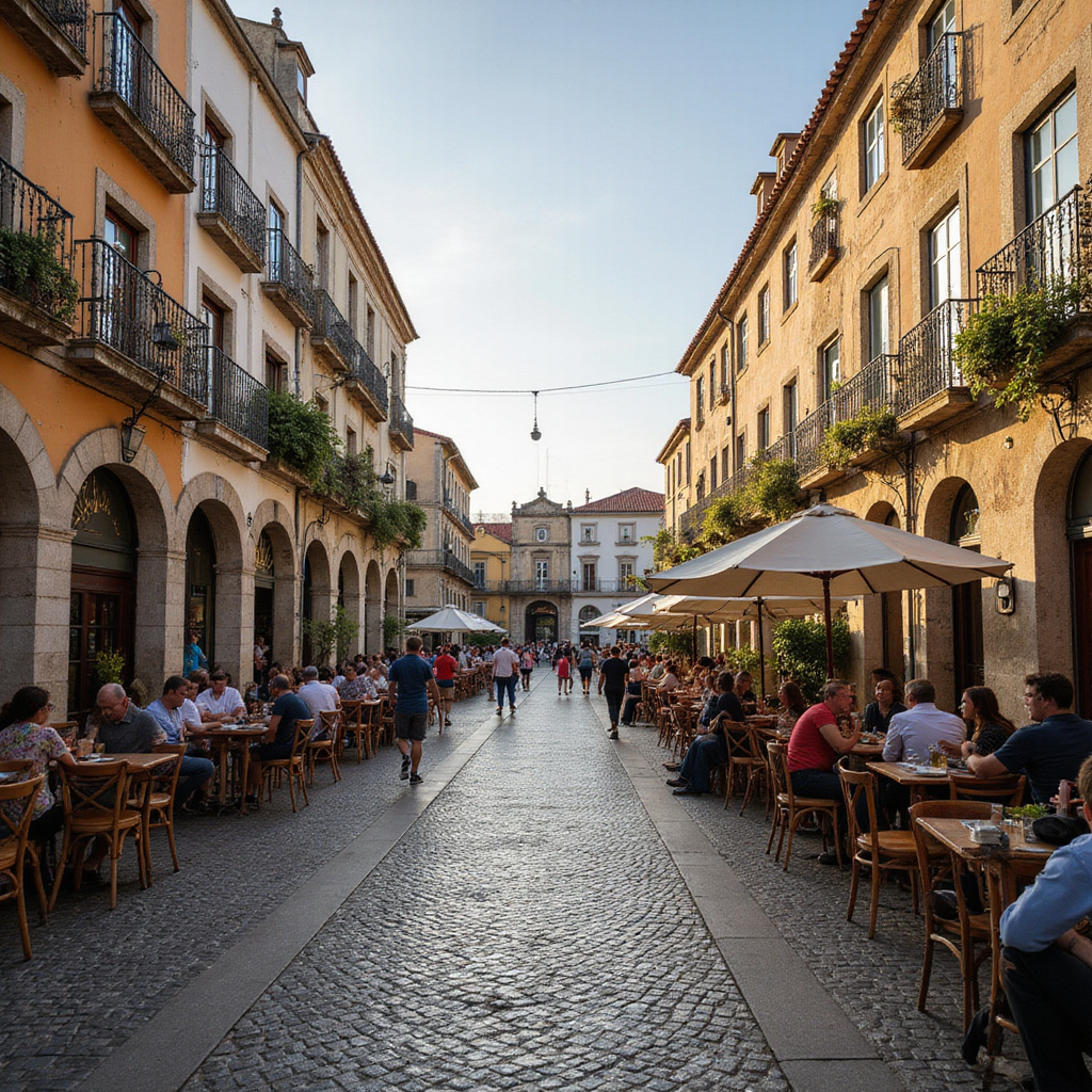 Praça do Giraldo w Évorze z widokiem na charakterystyczne arkady i tętniące życiem kawiarnie