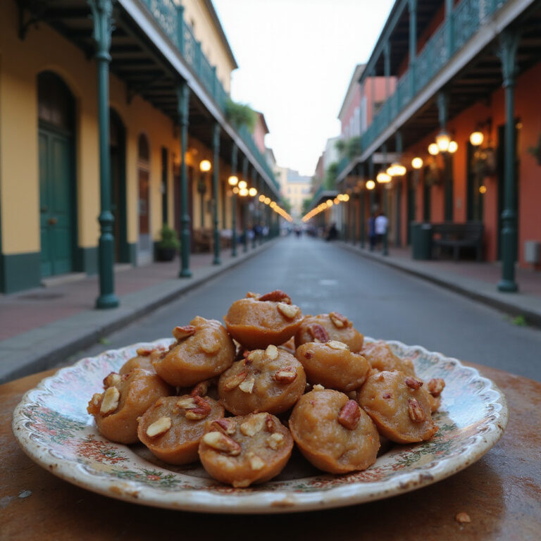 Praliny Nowy Orlean z orzechami pekan na tle uliczki w French Quarter