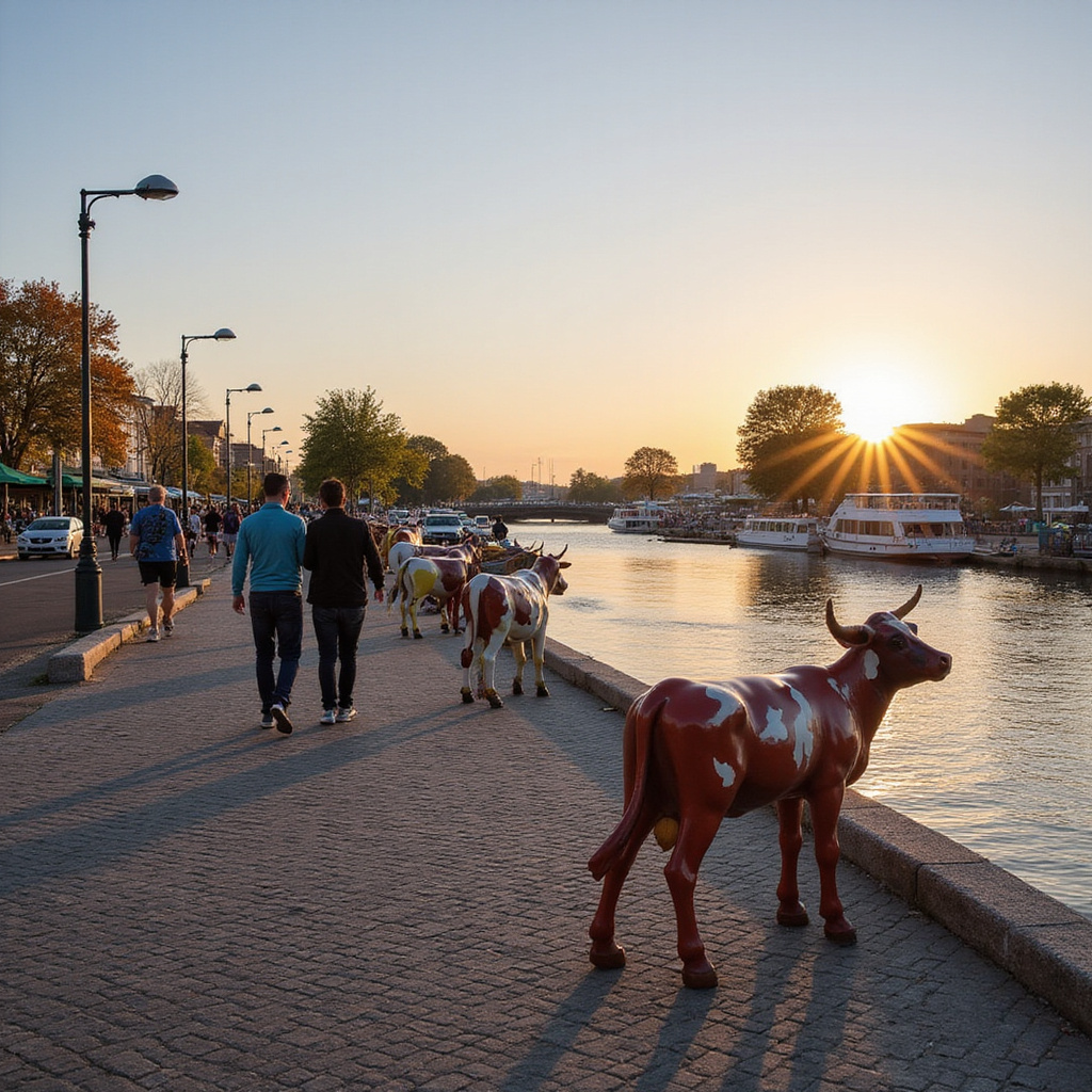 Promenada nad rzeką Ventą w Ventspils z kolorowymi rzeźbami krów i widokiem na port