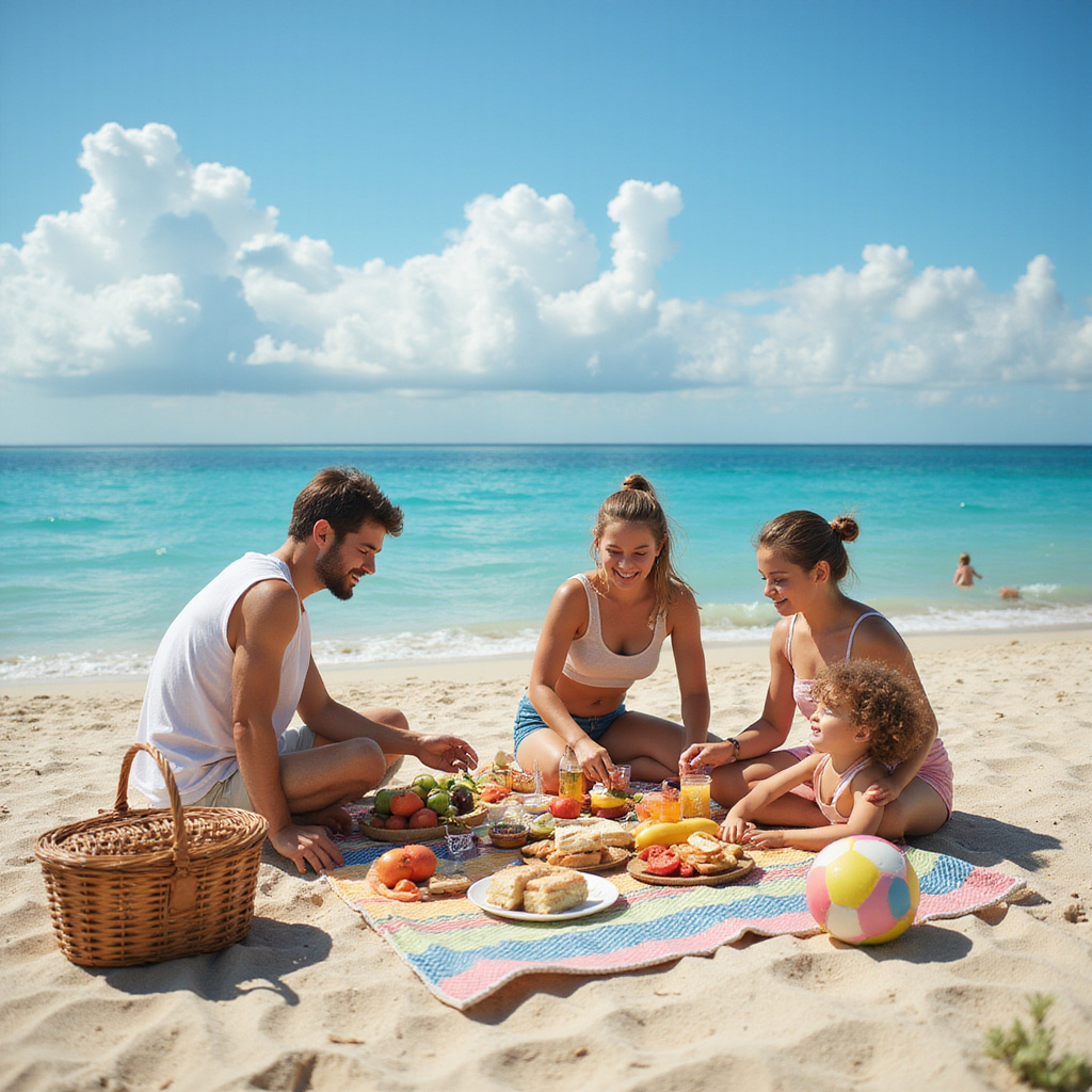 Rodzina przygotowująca piknik na plaży z widokiem na morze