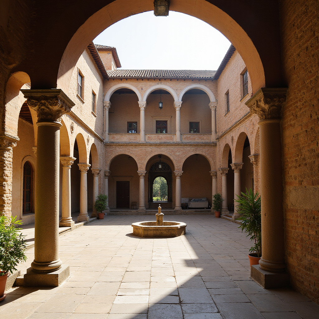 Dziedziniec Uniwersytetu w Évorze z renesansowymi arkadami i słonecznym światłem