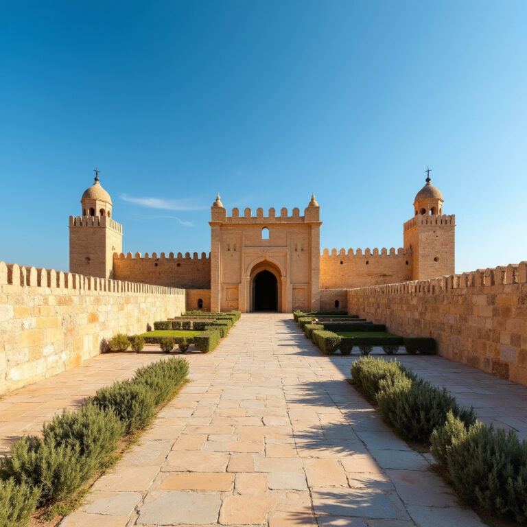 Widok na Ribat w Monastyrze, starożytną fortecę z VIII wieku, otoczoną błękitnym niebem