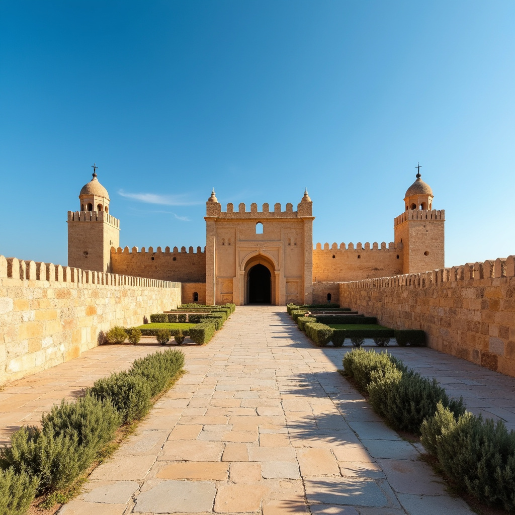 Widok na Ribat w Monastyrze, starożytną fortecę z VIII wieku, otoczoną błękitnym niebem