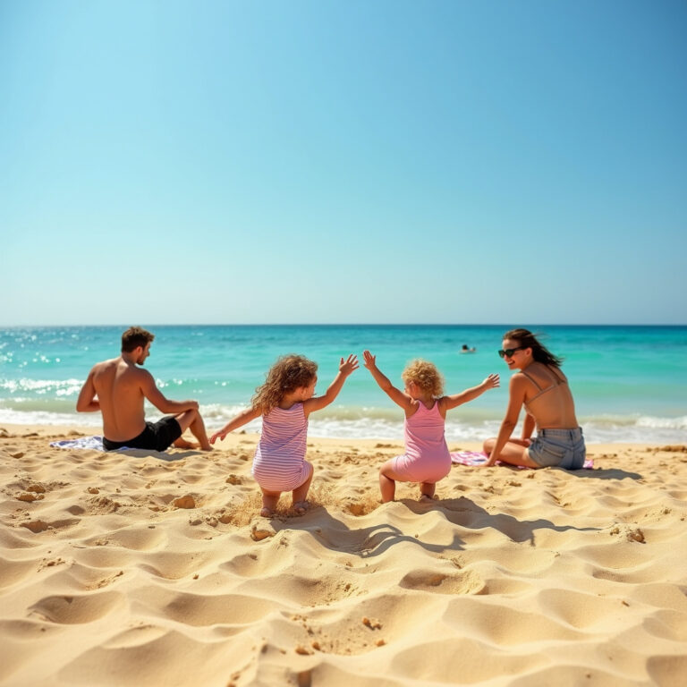 Rodzina na plaży w Marsa Alam, dzieci bawiące się w piasku, bezpieczne wakacje w Egipcie