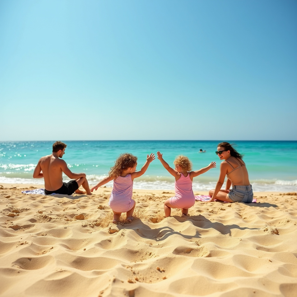Rodzina na plaży w Marsa Alam, dzieci bawiące się w piasku, bezpieczne wakacje w Egipcie