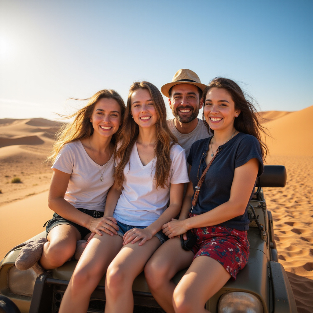 Rodzina na pustynnym safari w Marsa Alam, uśmiechnięci uczestnicy