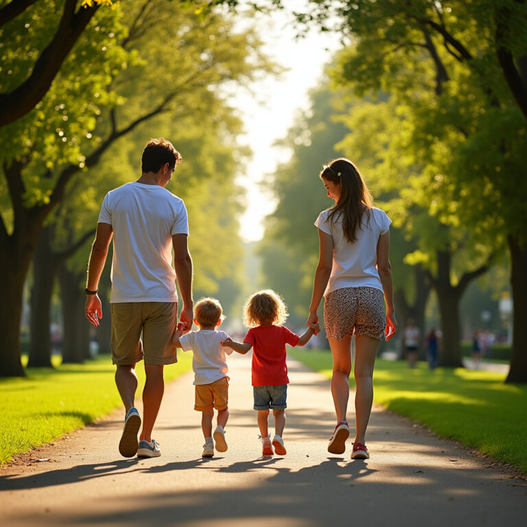 Rodzina spacerująca po Parku Retiro w Madrycie, zielona przestrzeń i zabawa dla dzieci