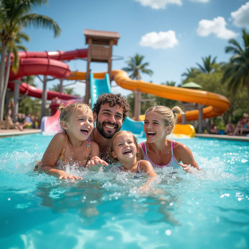 Rodzina bawiąca się w parku wodnym w Orlando, radość i woda