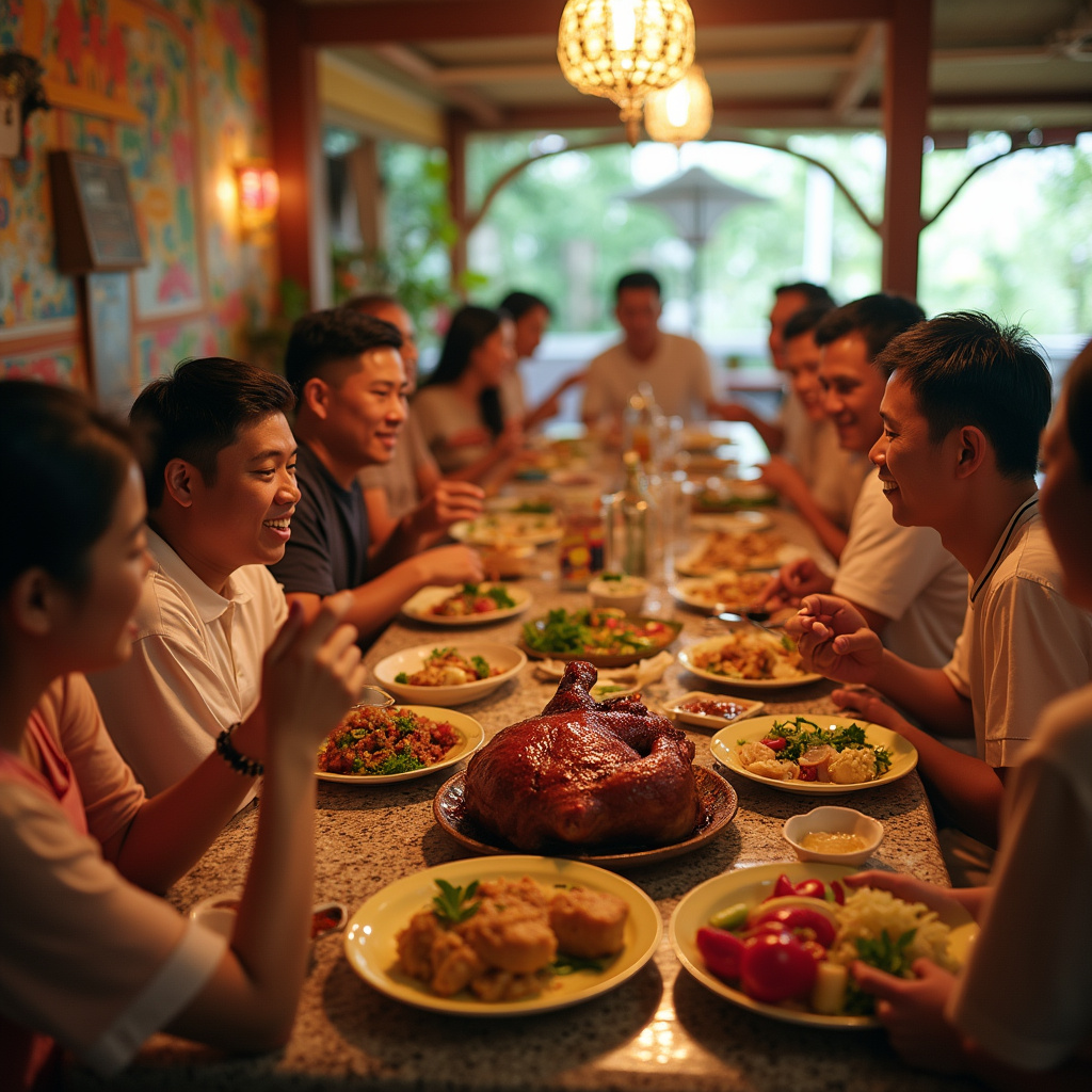 Rodzinna uczta na Filipinach z tradycyjnymi potrawami jak lechon i adobo