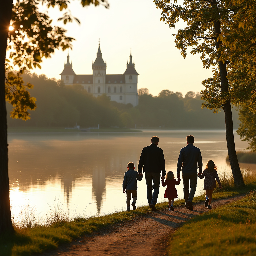 Spacerująca rodzina wzdłuż rzeki Gauja z widokiem na zamek Turaida