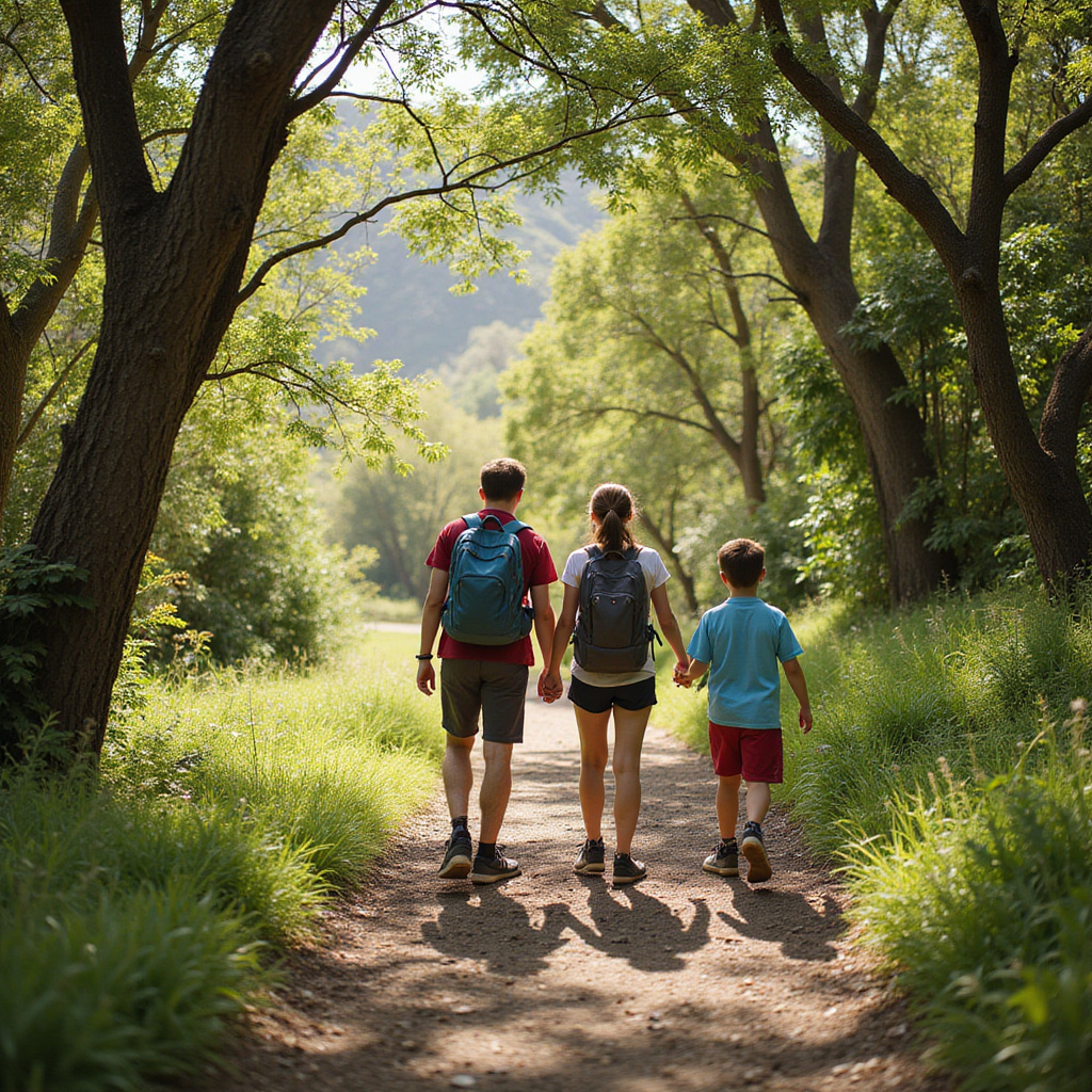 Rodzina na szlaku w Santa Monica Mountains, w tle bujna roślinność