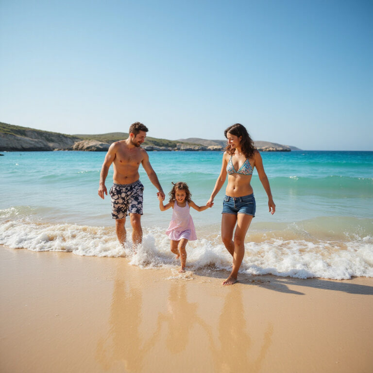 Rodzinna zabawa na plaży w Protaras, złocisty piasek i krystaliczna woda