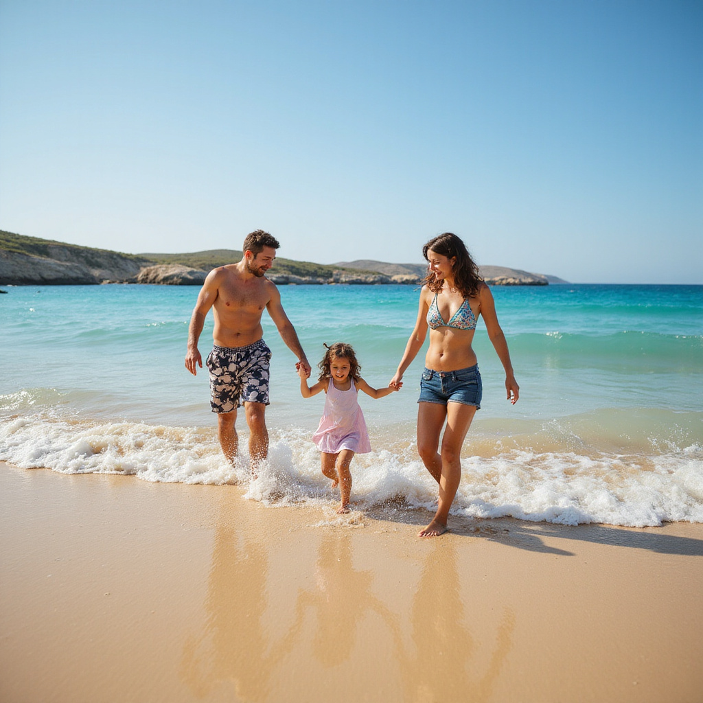 Rodzinna zabawa na plaży w Protaras, złocisty piasek i krystaliczna woda