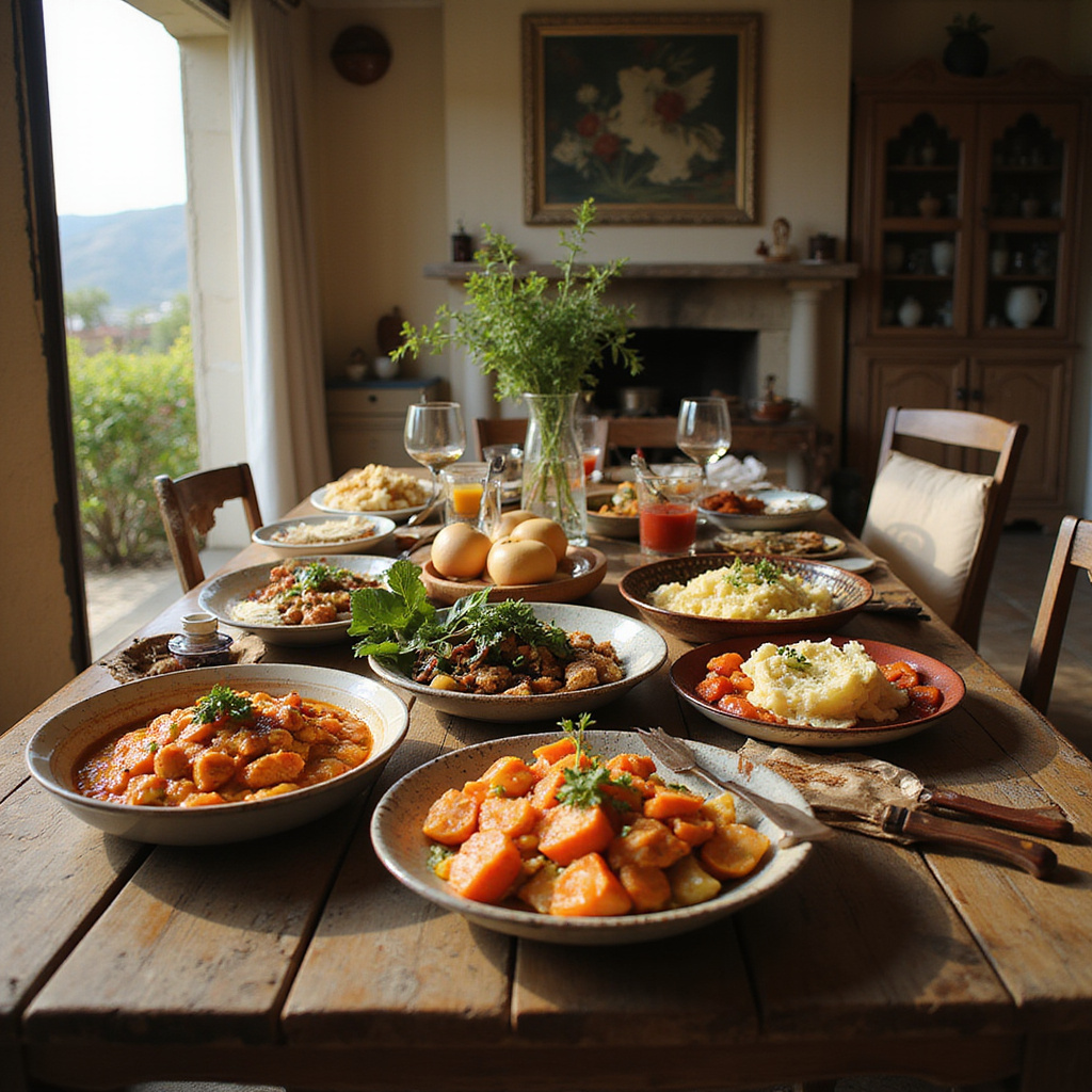 Rodzinny obiad w cypryjskim domu z lokalnymi przysmakami na stole